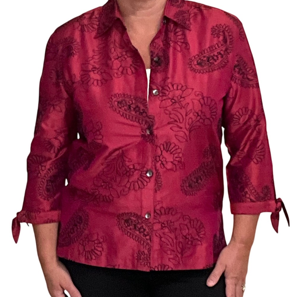 Bleu Bayou Silk Button Down Top Paisley Embroidered Tie Sleeve Blouse